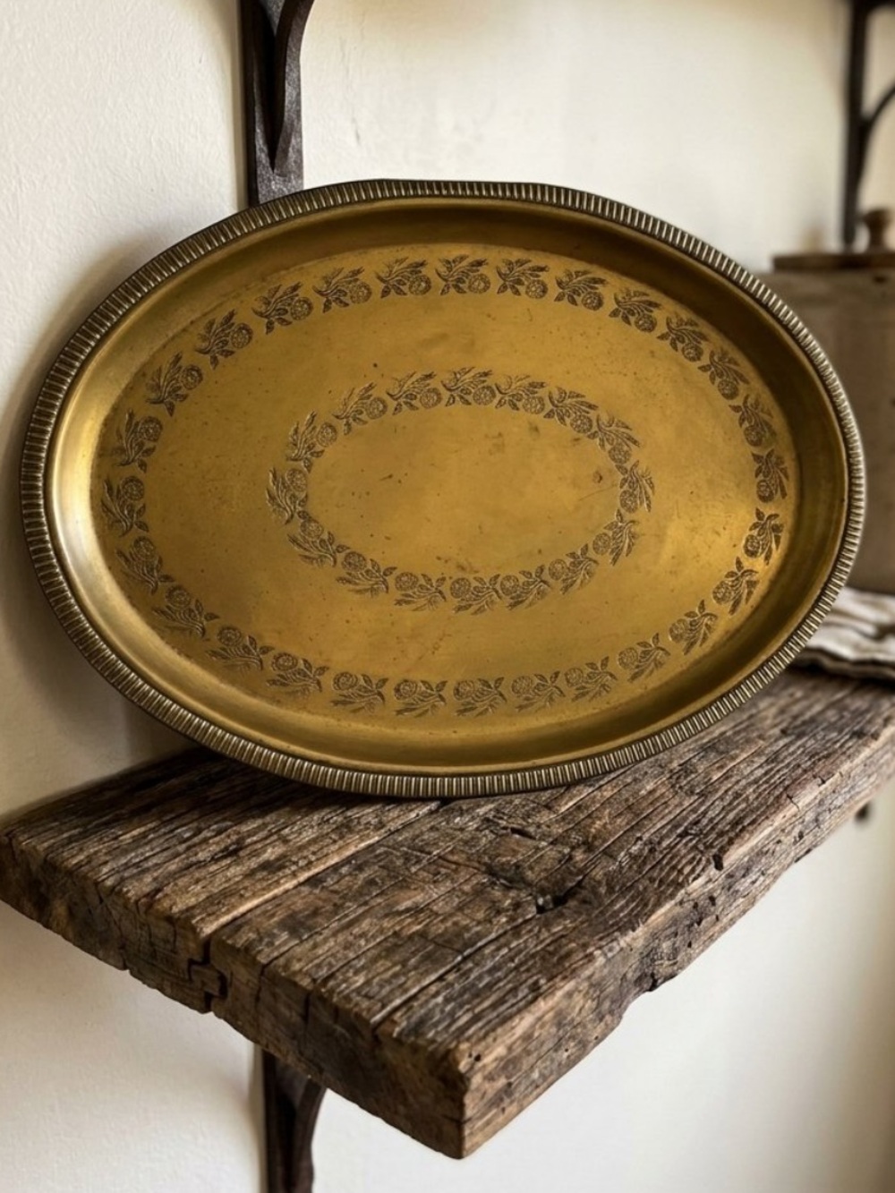 Vintage Oval Brass Tray with Etched Floral Vine Border
Mid Century